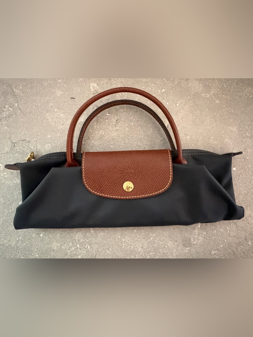 Longchamp Le Pliage Charcoal Nylon Brown Leather Top Handle Bag - Picture 4 of 12